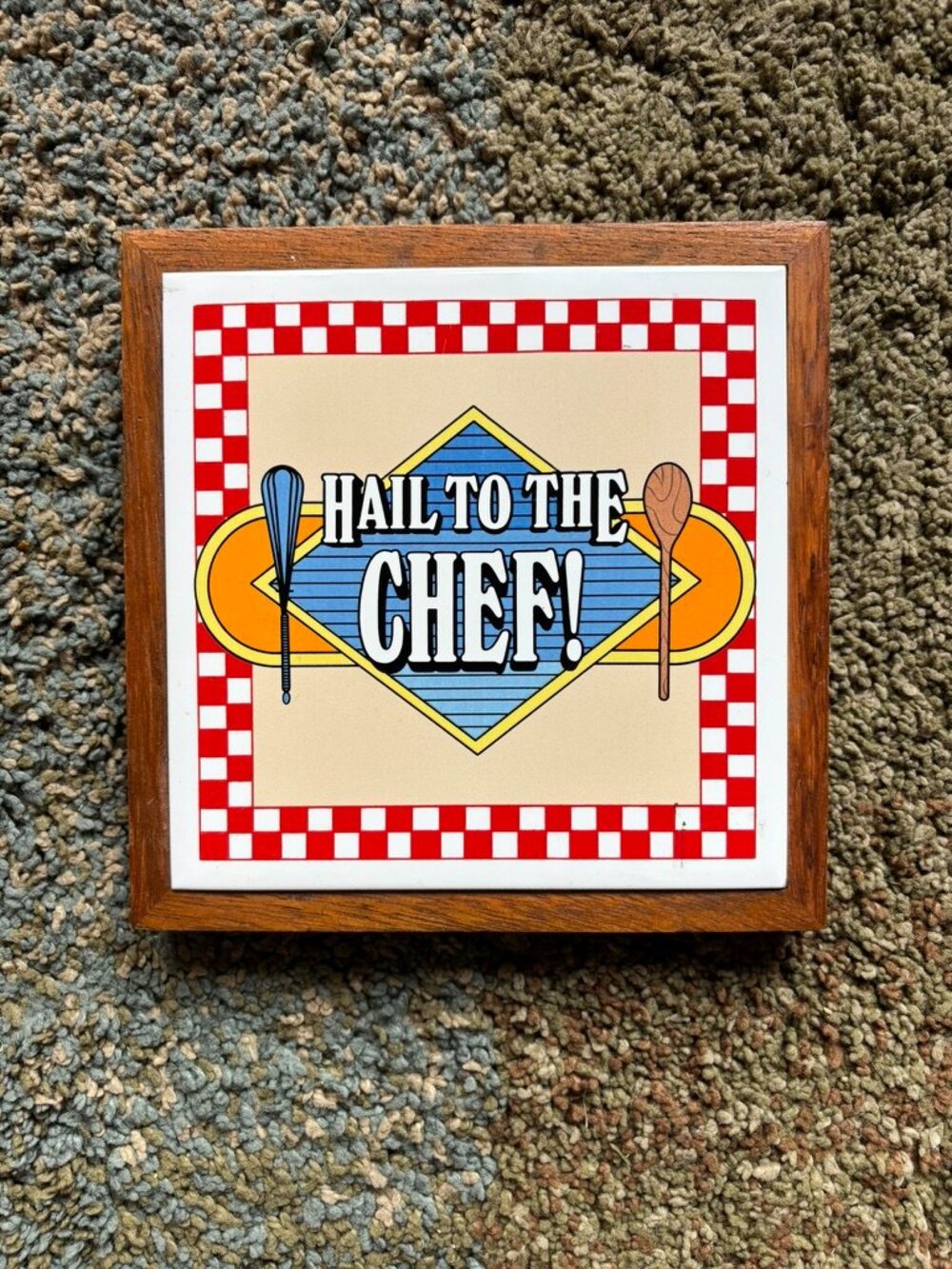 Vintage Hail to the Chef Ceramic Tile Trivet 7x7 Wood Frame Kitchen Decor Retro